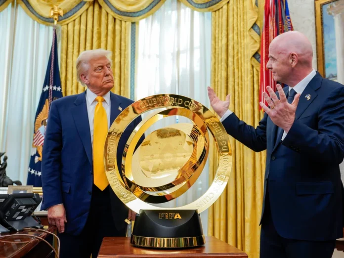 Trump keeps Club World Cup trophy, Chelsea replica trophy, Trump Chelsea Club World Cup, Trump Oval Office trophy, Club World Cup final, Chelsea vs PSG 2025, FIFA trophy Trump, Gianni Infantino, Trump DAZN interview, Chelsea trophy swap, Tiffany & Co FIFA trophy, 2025 FIFA Club World Cup