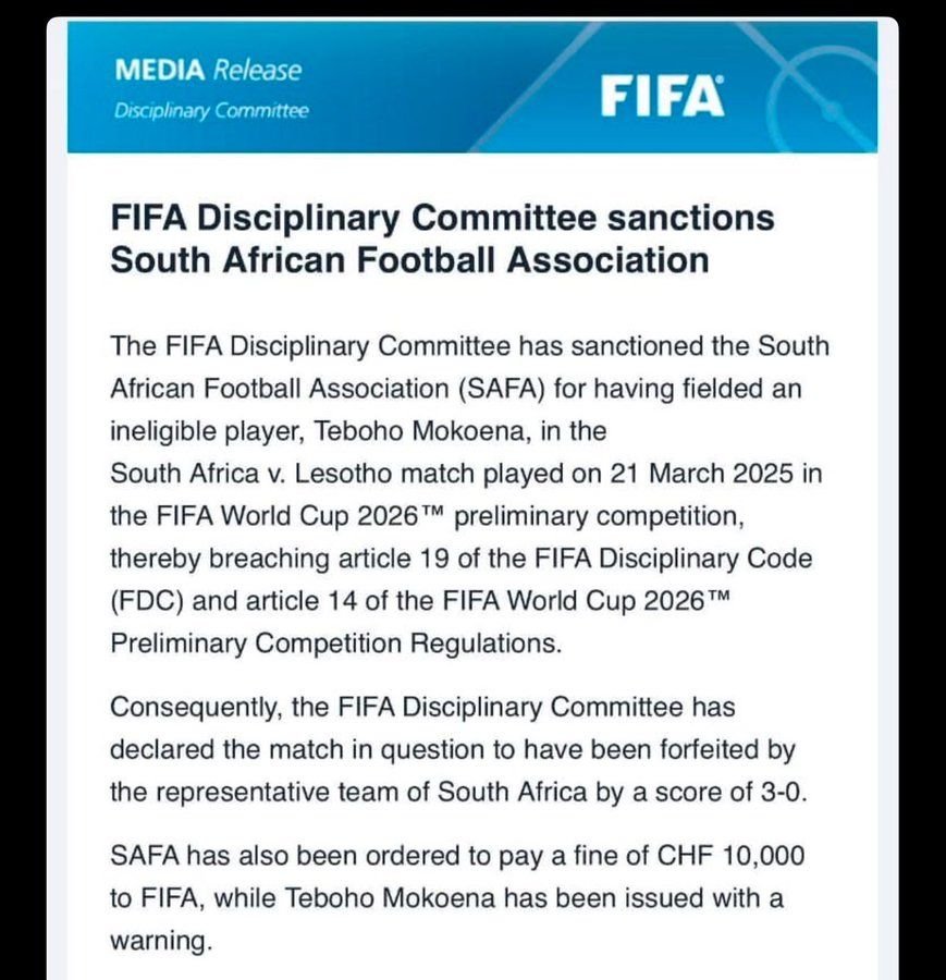 Super Eagles Gain as FIFA Punish South Africa